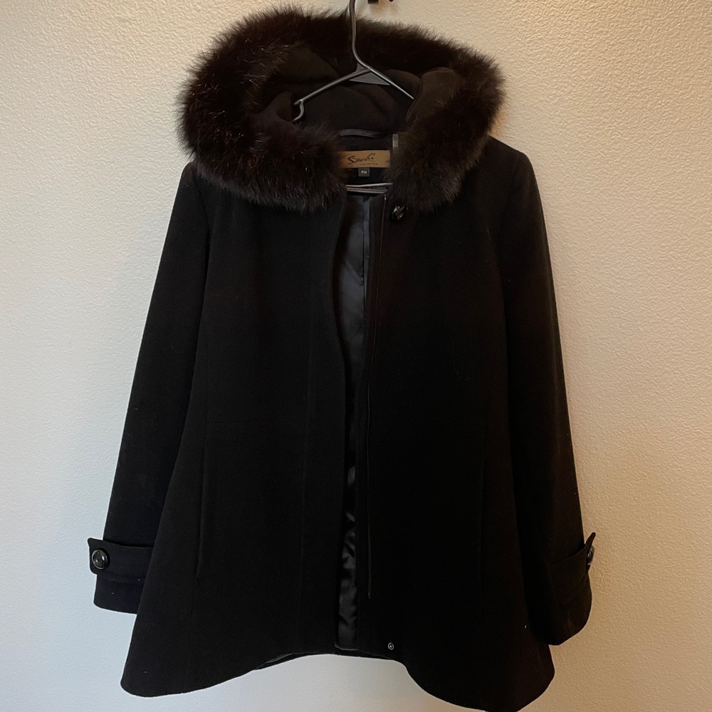 SACHI Wool Coat with Fox Fur Trim
